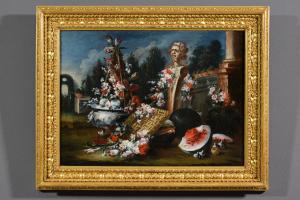 Still life with a composition of flowers and watermelon and a herm with a garden in the background, by Francesco Lavagna (Naples 1684-1724)